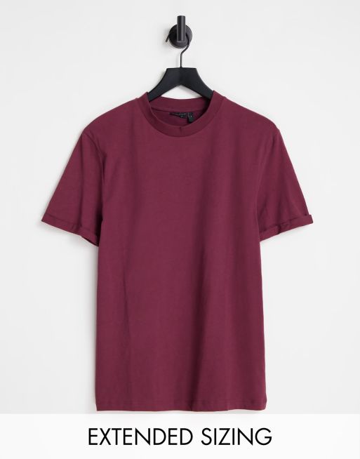 ASOS DESIGN – Weinrotes T-Shirt mit Rundhalsausschnitt und Rollärmeln