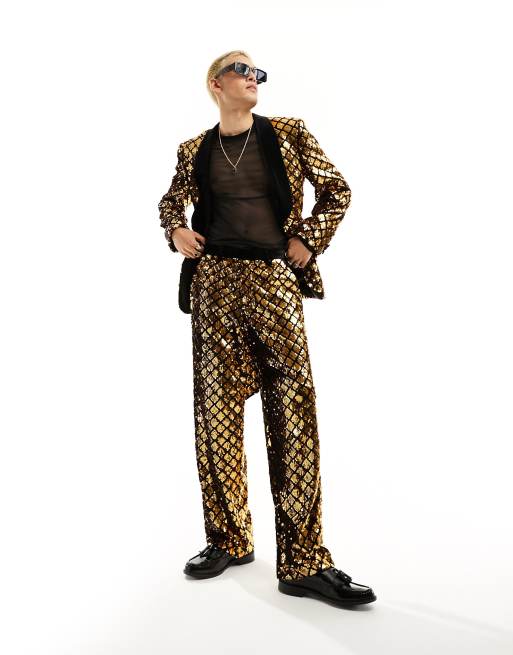 ASOS DESIGN – Weit geschnittene Anzughose mit rautenförmigen Pailletten in Schwarz und Gold, 2 von 5