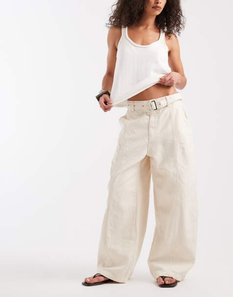 ASOS DESIGN – Weit geschnittene Hose aus Canvas in Steinbeige mit Gürteldetail - view 1