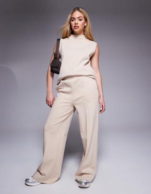 ASOS DESIGN - Weit geschnittene Hose aus Interlock-Stoff in Neutral, Kombiteil