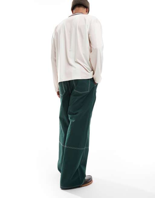 ASOS DESIGN – Weit geschnittene Hose aus Nylon in Grün mit Kontrastnähten, 4 von 5