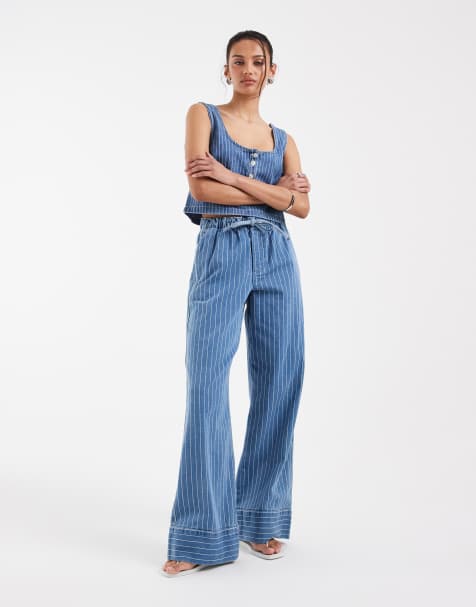 ASOS DESIGN – Weit geschnittene Schlupfjeans in Blau mit Streifen - view 1