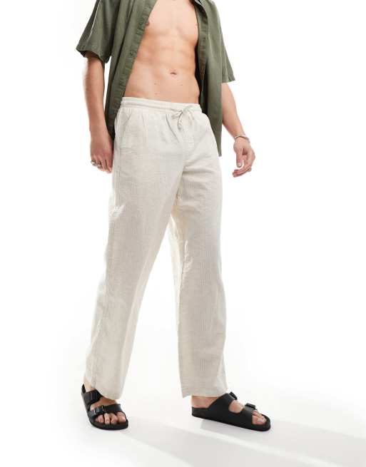 ASOS DESIGN – Weite Hose aus Seersucker-Leinenmix in Weiß gestreift