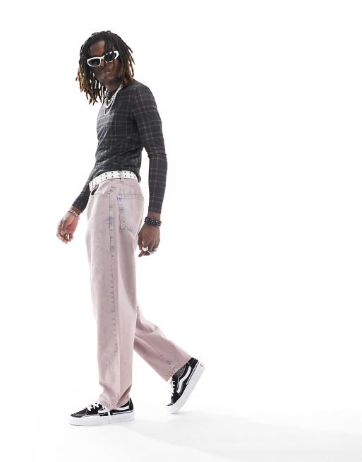ASOS DESIGN – Weite Jeans in rosa Acid-Waschung mit Used-Details
