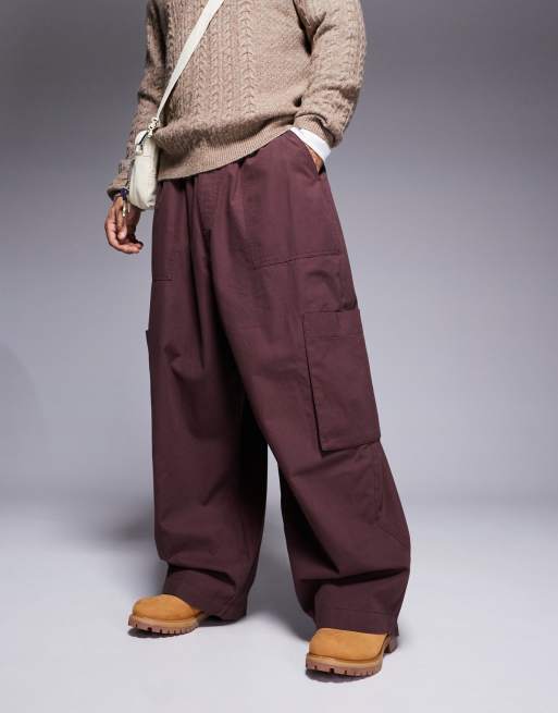 ASOS DESIGN – Weite Oversize-Cargohose in Braun mit elastischem Bund 