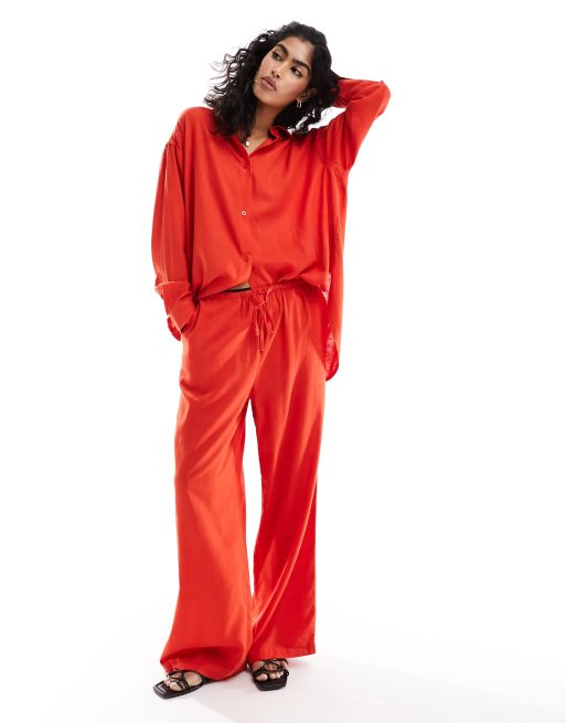 ASOS DESIGN – Weite Schlupfhose mit Leinenanteil in Rot