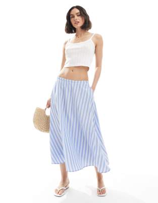 ASOS DESIGN - Weiter Midirock aus Baumwolle mit blauen Streifen-Bunt