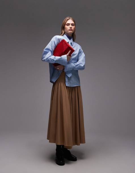 ASOS DESIGN – Weiter Midirock in Camel mit tiefer Taille - view 1