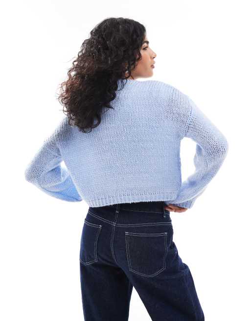 ASOS DESIGN – Weitmaschige Strickjacke in Blau mit Rundhalsausschnitt, 4 von 4