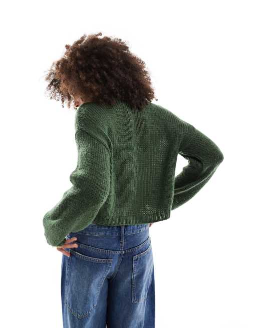 ASOS DESIGN – Weitmaschige Strickjacke in Grün mit Rundhalsausschnitt, 3 von 4