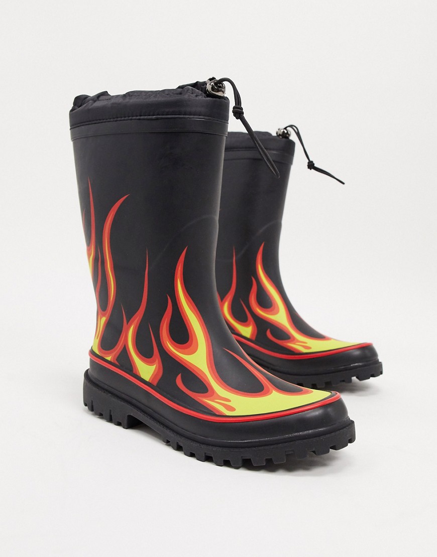 ASOS DESIGN wellies in black with flame print