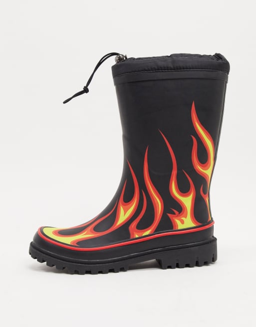 ASOS DESIGN wellies in black with flame print ASOS