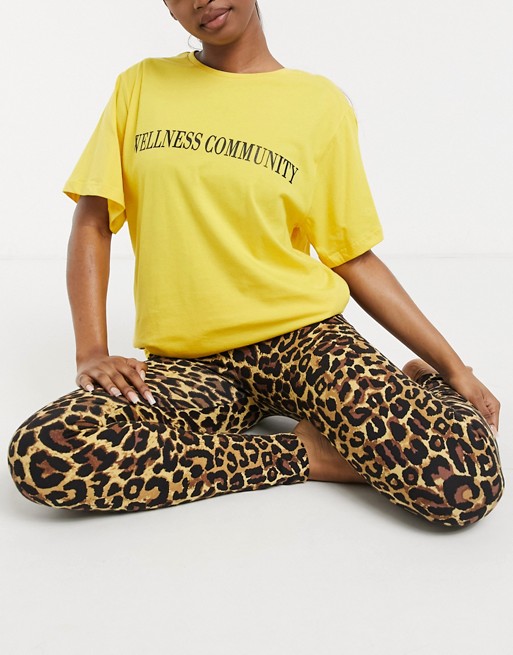 ASOS DESIGN wellness oversized tee & legging pyjama set in yellow & leopard print
