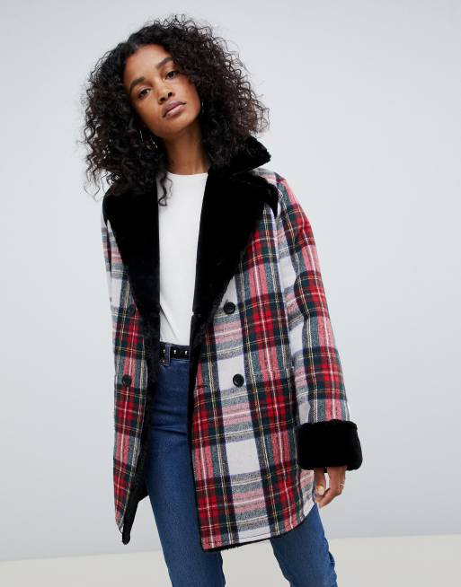 ASOS DESIGN – Wendbare, verstärkte Jacke mit Kunstpelz und Karomuster