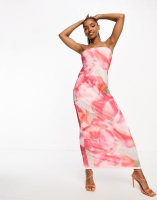 ASOS DESIGN - Wendbares, trägerloses Maxi-Sommerkleid mit verschwommenem Muster-Rosa