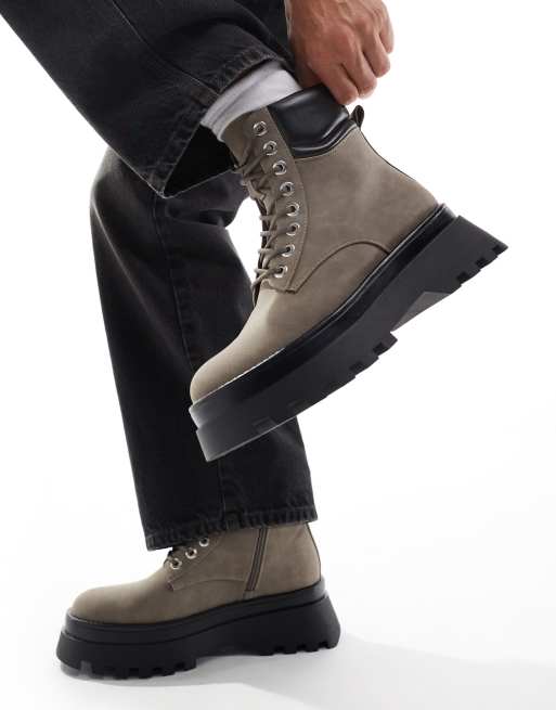 ASOS DESIGN - Werklaarzen met veters en dikke zool in grijs