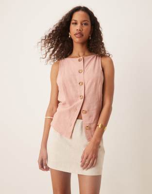 ASOS DESIGN - Weste in roséfarbener Leinenoptik mit Knopfleiste-Rosa