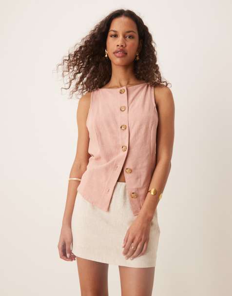 ASOS DESIGN – Weste in roséfarbener Leinenoptik mit Knopfleiste - view 1