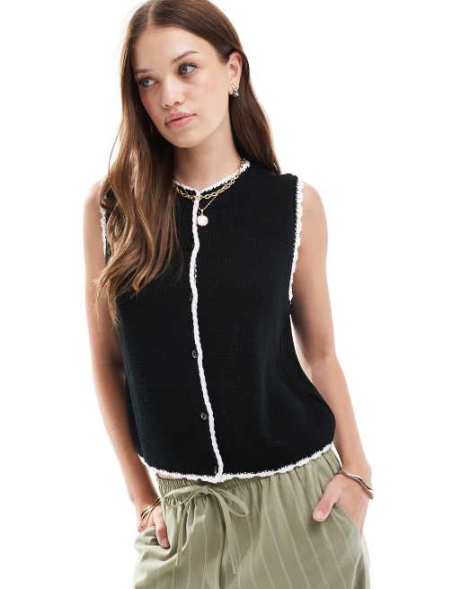 ASOS DESIGN – Weste in Schwarz mit Rundhalsausschnitt und Languettenstich