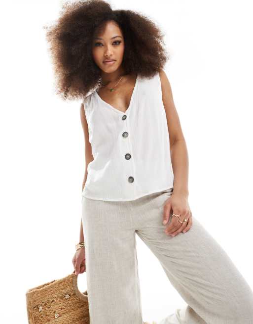 ASOS DESIGN – Weste in weißer Leinenoptik mit Knitterstruktur 