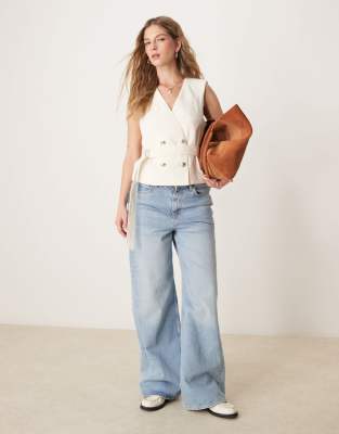 ASOS DESIGN - Weste in wollweißer Leinenoptik mit Bindegürtel-Neutral