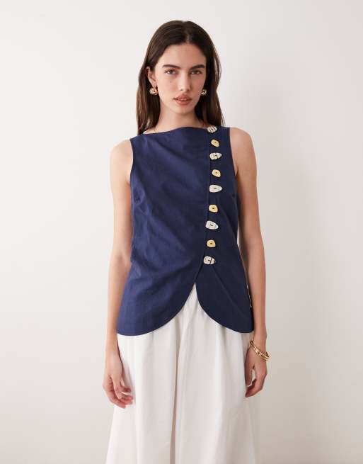 ASOS DESIGN – Westen-Maxikleid in Marineblau und Weiß mit Leinenoptik und Popeline-Rock, 4 von 4