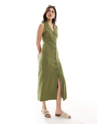 ASOS DESIGN - Westenkleid in Khaki mit Midaxi-Länge, Kragen und Knopfleiste vorne-Grün