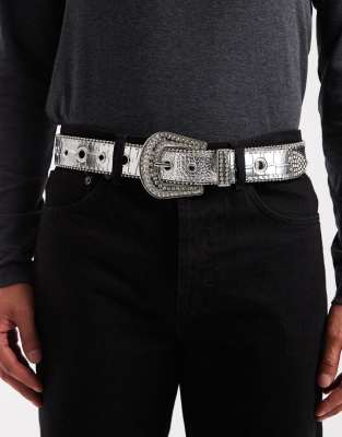 ASOS DESIGN western belt in metallic silver-tone faux croc | ASOS