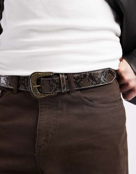 ASOS DESIGN western belt with snake print detail in brown faux leather - view 1