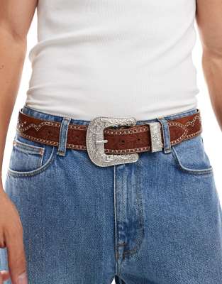 western belt with stud detail in brown