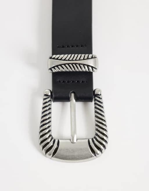 ASOS DESIGN western bælte i imiteret læder med spænde og nitter i sort, 3 af 3