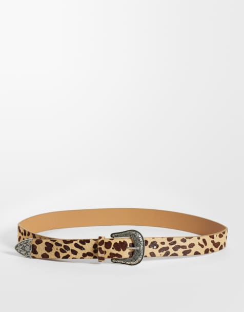 ASOS DESIGN western buckle leopard print cowhide hair belt in beige - view 1