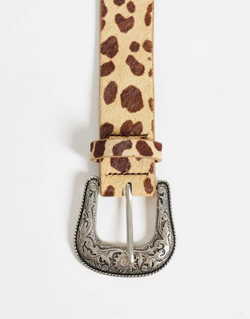 ASOS DESIGN western buckle leopard print cowhide hair belt in beige, 2 of 3
