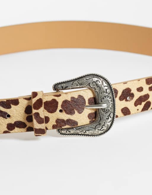 ASOS DESIGN western buckle leopard print cowhide hair belt in beige, 3 of 3