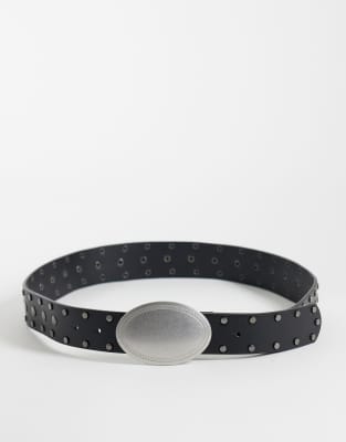 Asos Design Western Buckle Studded Faux Leather Belt In Black