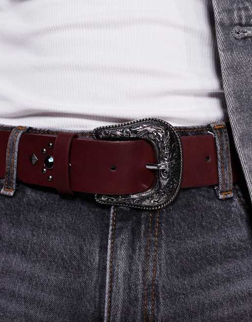 ASOS DESIGN western cowboy belt with black crystal studding in burgundy faux leather, 3 of 3