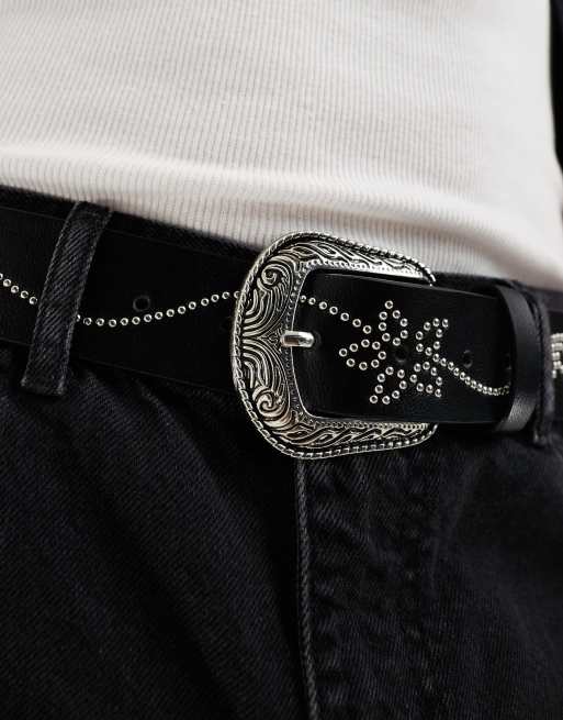 ASOS DESIGN western cowboy belt with floral studding in black faux leather