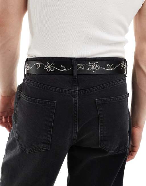 ASOS DESIGN western cowboy belt with floral studding in black faux leather