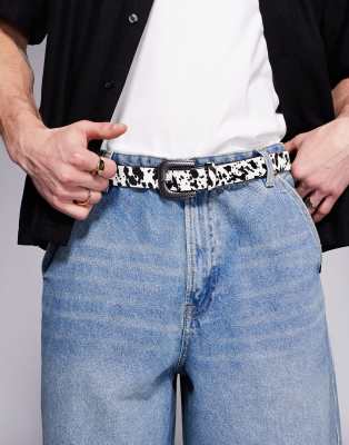 western cowboy cow print pony hair belt in leather-Multi