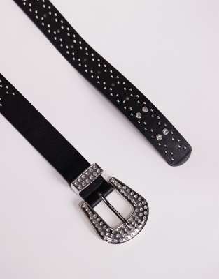 ASOS DESIGN western cowboy crystal studded belt in black faux leather
