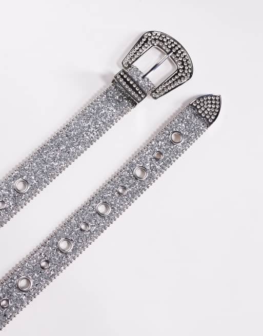 ASOS DESIGN western cowboy eyelet belt in silver glitter faux leather