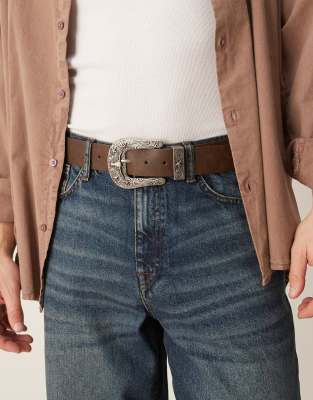 Asos Design Western Cowboy Rams Head Belt In Brown