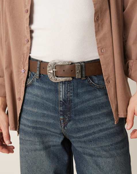 ASOS DESIGN western cowboy rams head belt in brown faux leather - view 1