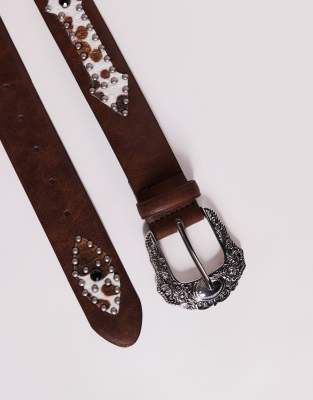 ASOS DESIGN western cowboy studded belt with cow print detail in vintage brown faux leather