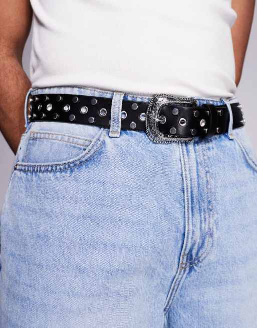 ASOS DESIGN western cowboy studded crystal belt in black faux leather, 2 of 3