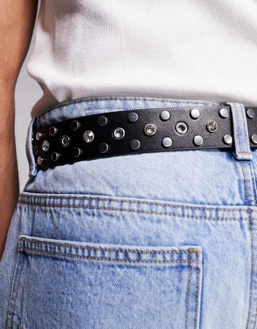 ASOS DESIGN western cowboy studded crystal belt in black faux leather
