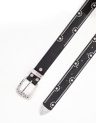 Asos Design Western Cowboy Studded Diamante Belt In Black