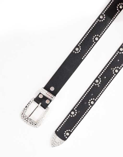ASOS DESIGN western cowboy studded diamante belt in black faux leather