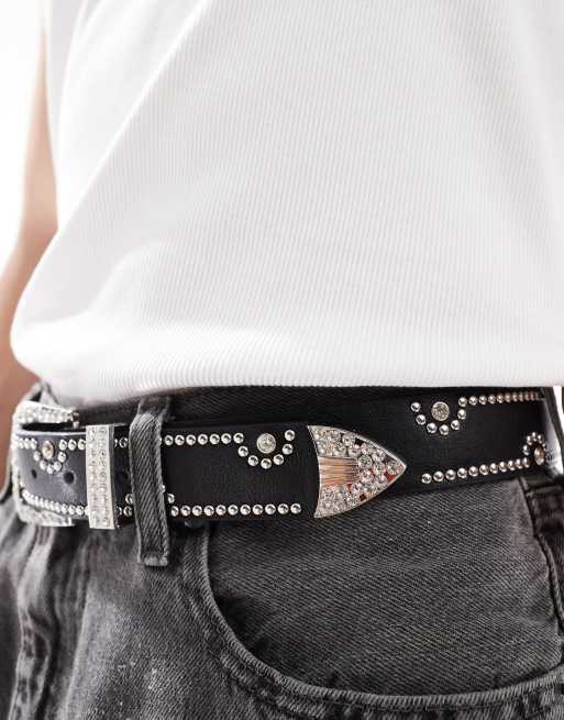 ASOS DESIGN western cowboy studded diamante belt in black faux leather
