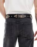 [ASOS DESIGN] ASOS DESIGN western cowboy studded leopard belt in black faux leather 2XS-XS BLACK